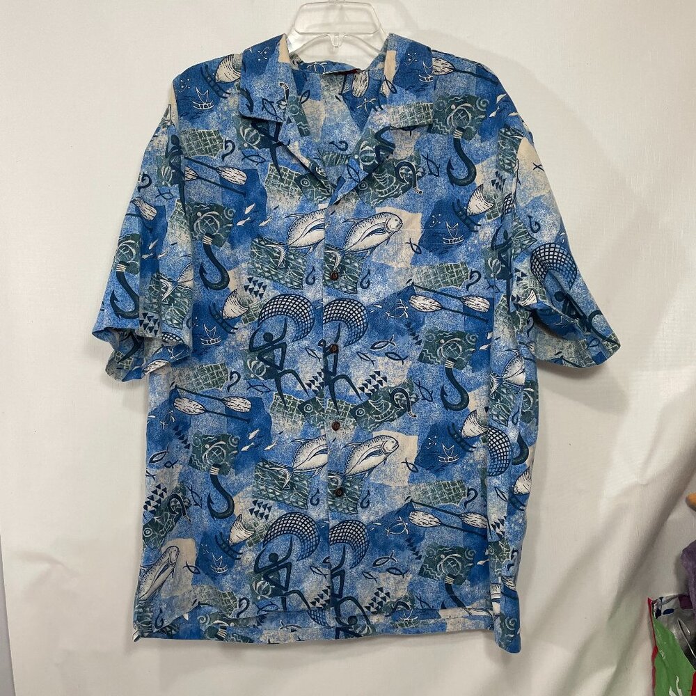 Evergreen Island Shirt Mens XL Blue Hawaiian Button Up Fish Vintage Vacation